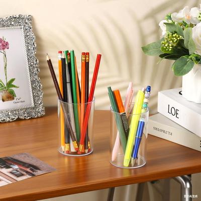 Clear Acrylic Pen Holder | Stylish Cylinder Desk Organizer for Pencils Makeup Brushes | Home Office Supplies Countertop Storage