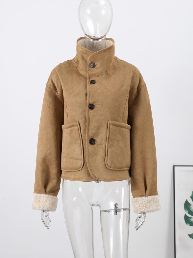 Women's Double-sided Winter Jacket Stand Up Collar Warm Jacket Women's Suede Lamb Wool Jacket Fashionable Thick Jacket Autumn and Winter