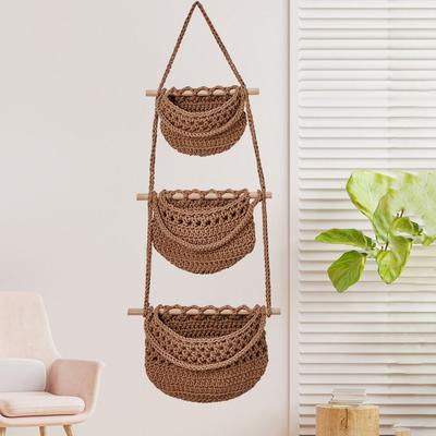 Handmade 3 Tier Storage Bag Cotton Rope Fruit Net Pocket Practical Hanging Fruit Baskets  Kitchen