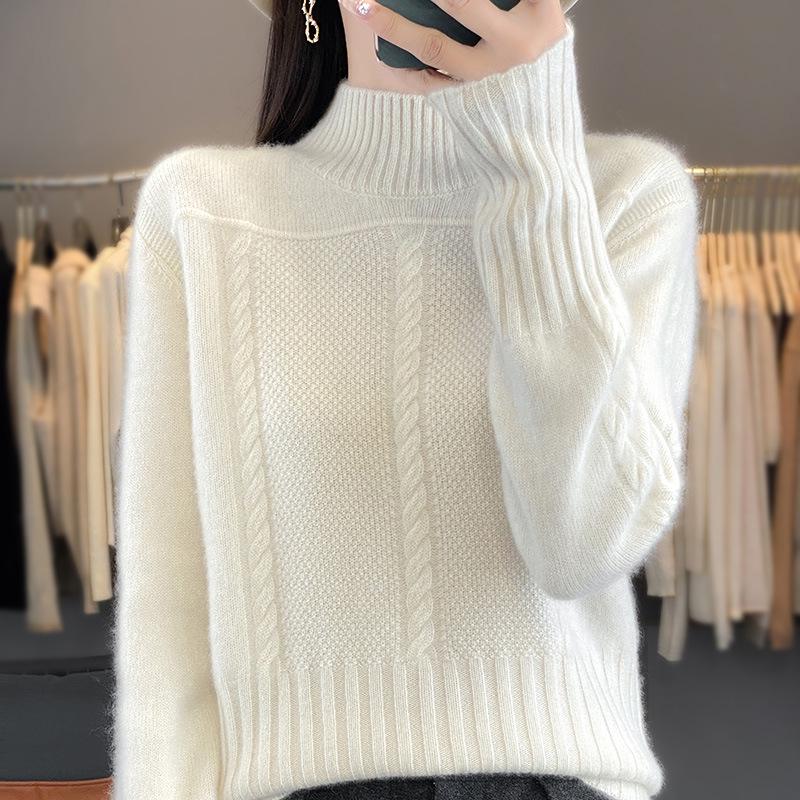 Women's Fashion High Neck Wool Cable Knit Sweater - Autumn/Winter Collection