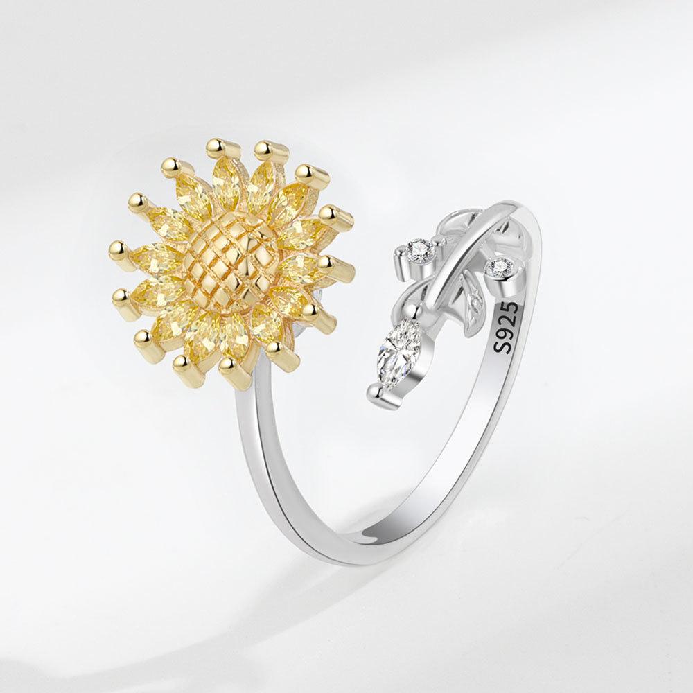 Sunflower Adjustable Ring With Cubic Zirconia And Geometric Design For Women