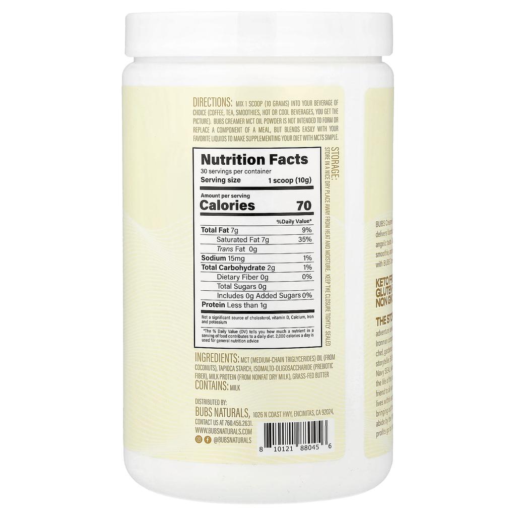 BUBS Naturals, Bubs Creamer, Grass-Fed Butter, MCT Oil Powder, Original, 300g (10.6oz)