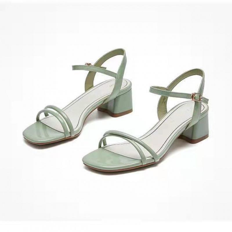 

2025 new leather sandals women wear French fashion word with thick heel high heel sandals fairy style skirt 37 зелёный