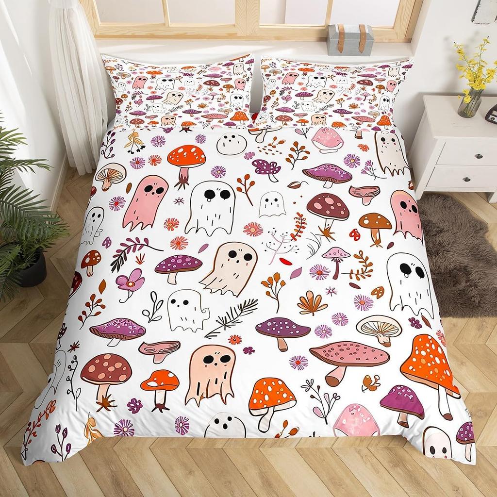 Cartoon Ghost Duvet Cover Scary Halloween Theme Bedding Set Spooky Pumpkin Comforter Cover Skull Skeleton Bed Cover Twin Queen