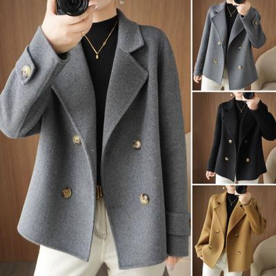 Women Jacket Lapel Solid Color Double-breasted Woolen Coat Short Type Loose Thermal Long Sleeved