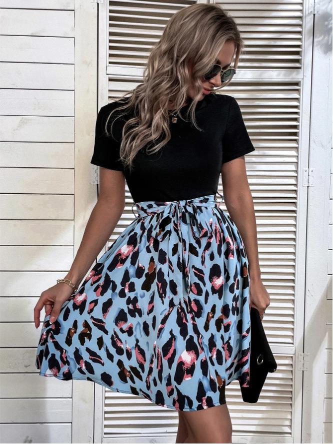 European & American Women's Fashion Print Patchwork Short Sleeve Dress 2023