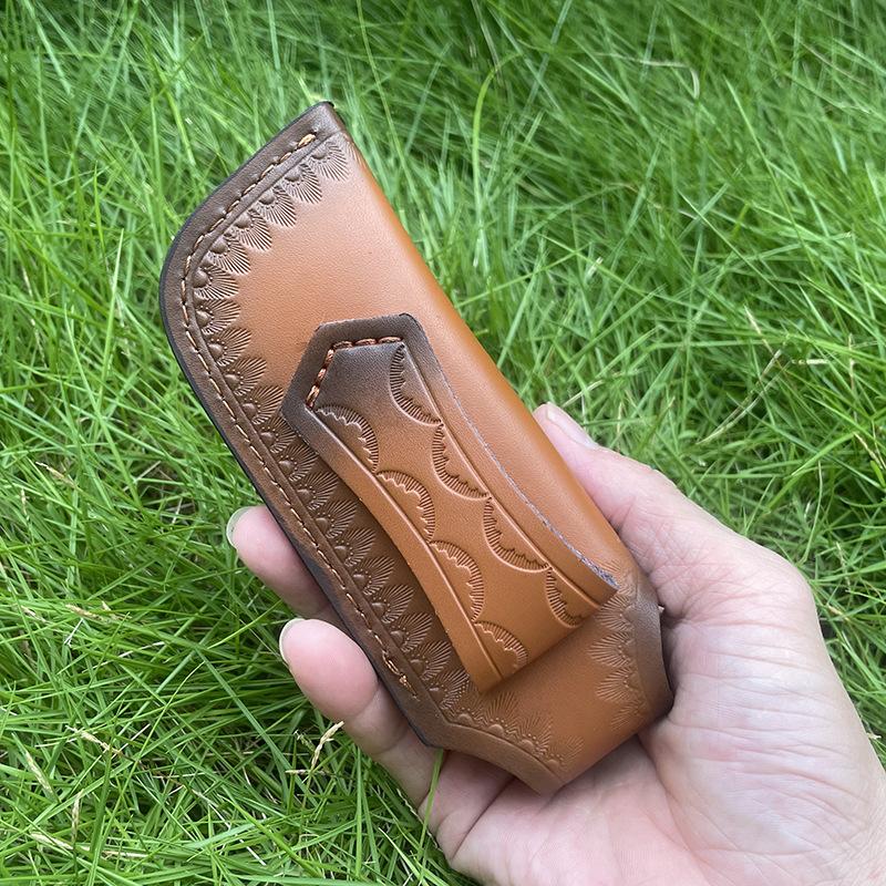 Funda de cuero vacuno repujado para cuchillo plegable, funda de cuero dividido, estuche, fundas para cuchillo de camping, hebilla para cinturón