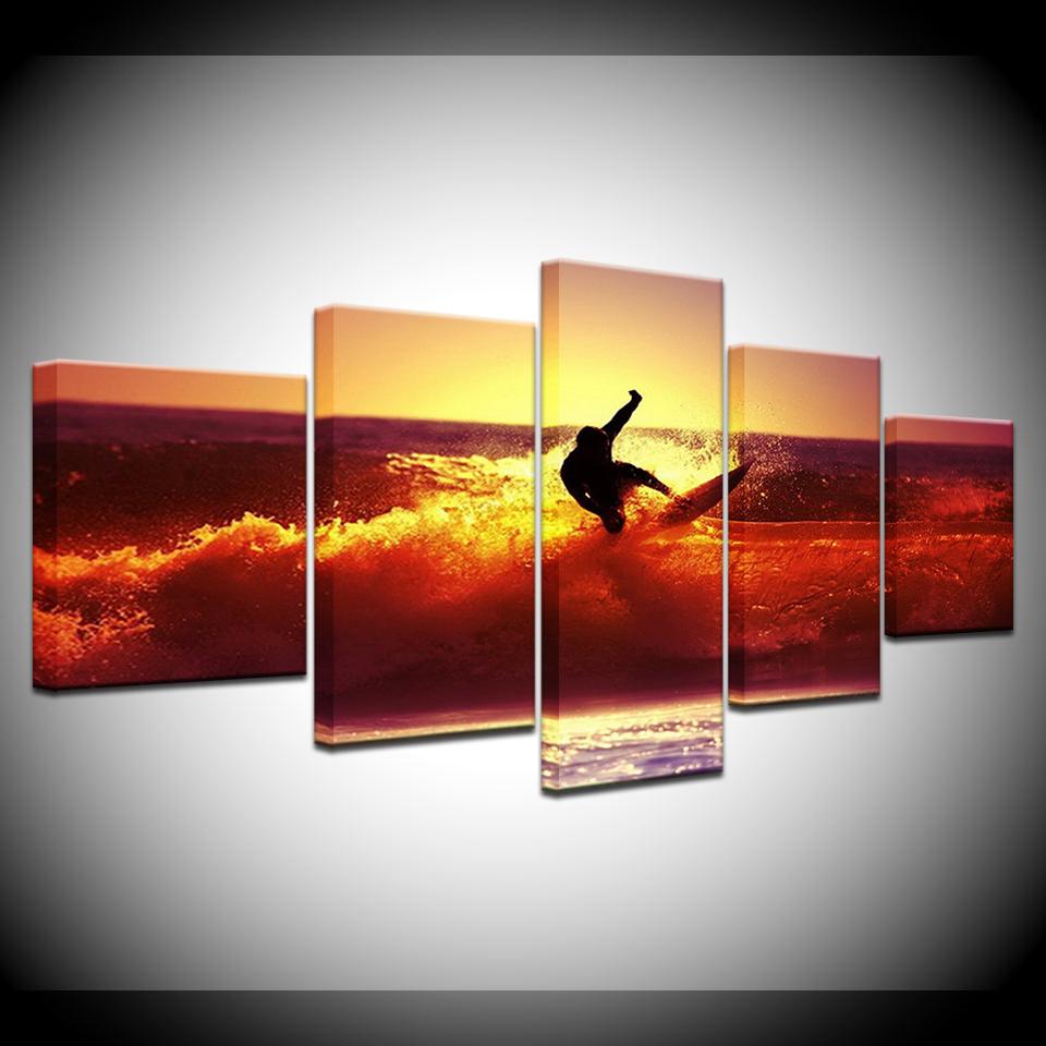 Surfing on the sea golden sunset 5 Panels HD Print Wall Art modern Modular Poster art Canvas painting for Living Room Home Decor