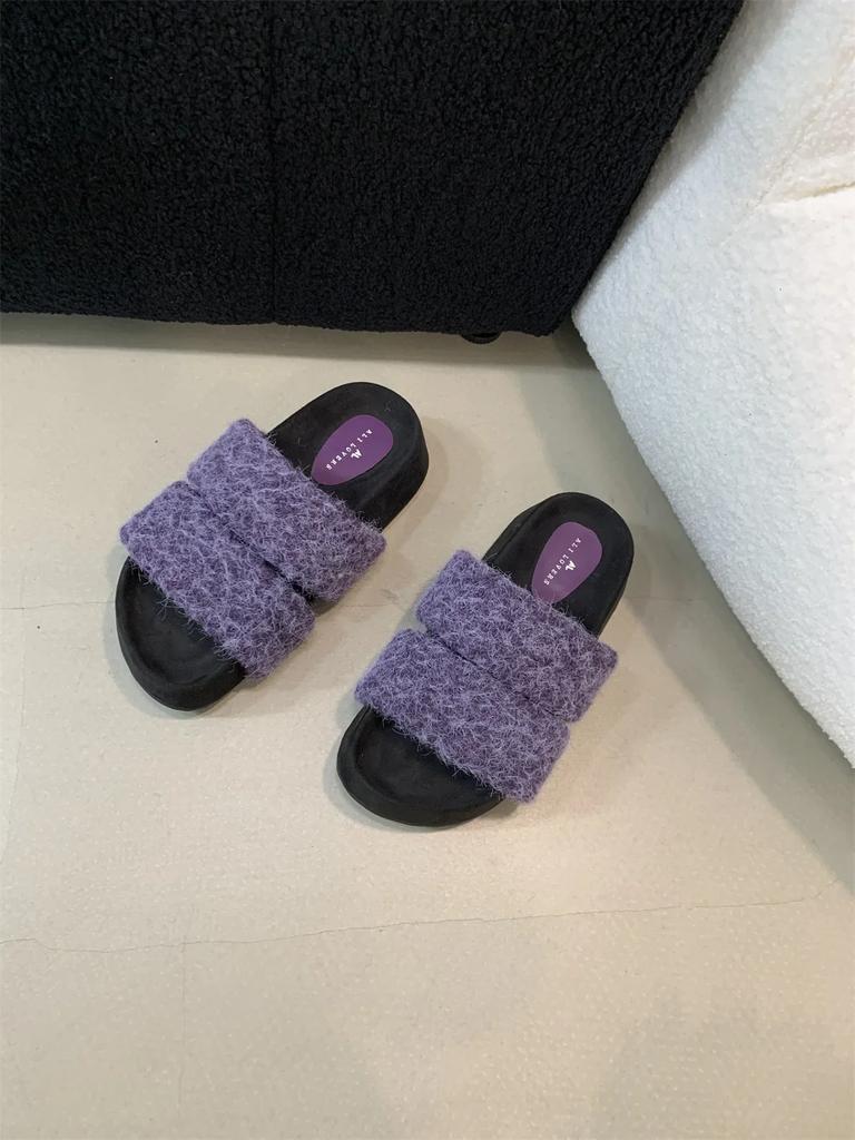 Fashion Fur Platform Women Flats Slippers Winter Designer New Casual Shoes Women 2025 Trend Home Cotton Slippers Cozy Soft Mujer Zapatos