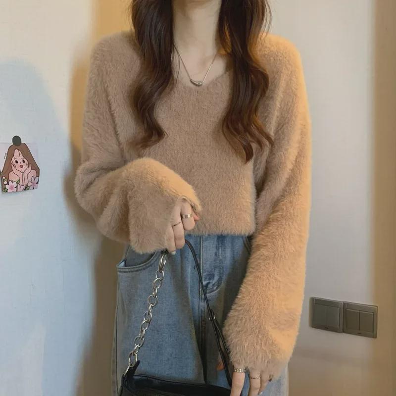 Women's V-Neck Imitation Mink Fleece Sweater - Thick, Warm, Knitted Long-Sleeved Top for Autumn and Winter
