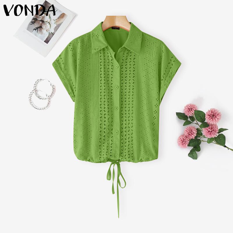 

VONDA Women Lapel Short Sleeve Front Embroidery Crochets Lace-up Casual Blouse 5XL зелений