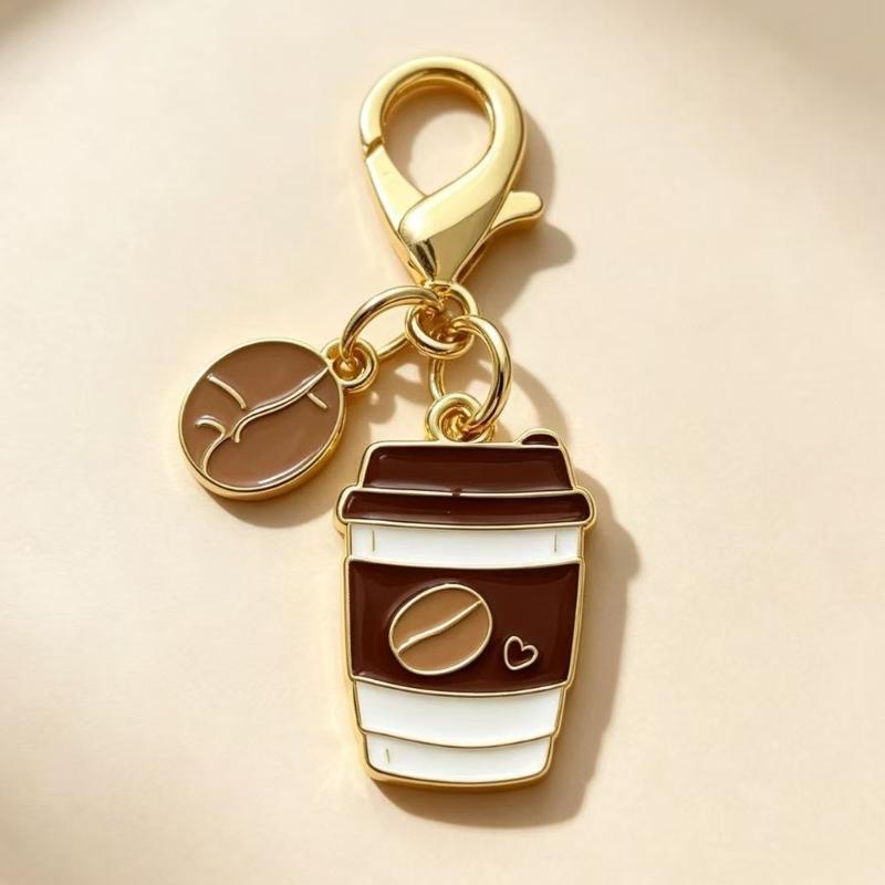 Coffee Keychain Pendant Alloy Bag Accessory with Gold Tone Hardware, Lobster Clasp, Compact Daily Carry for Keys and Bags