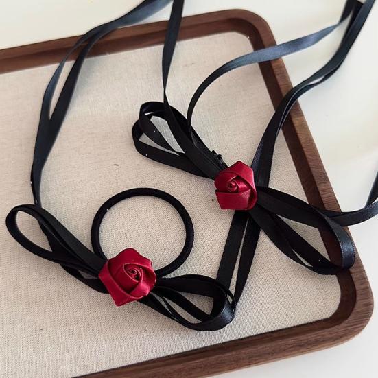 Girl Hairpin Smooth Edges Rounded Gripper Clip Satin Fabric Long Ribbon Bow Rose Flower Decor Buns Ponytails Clip Hair Accessory