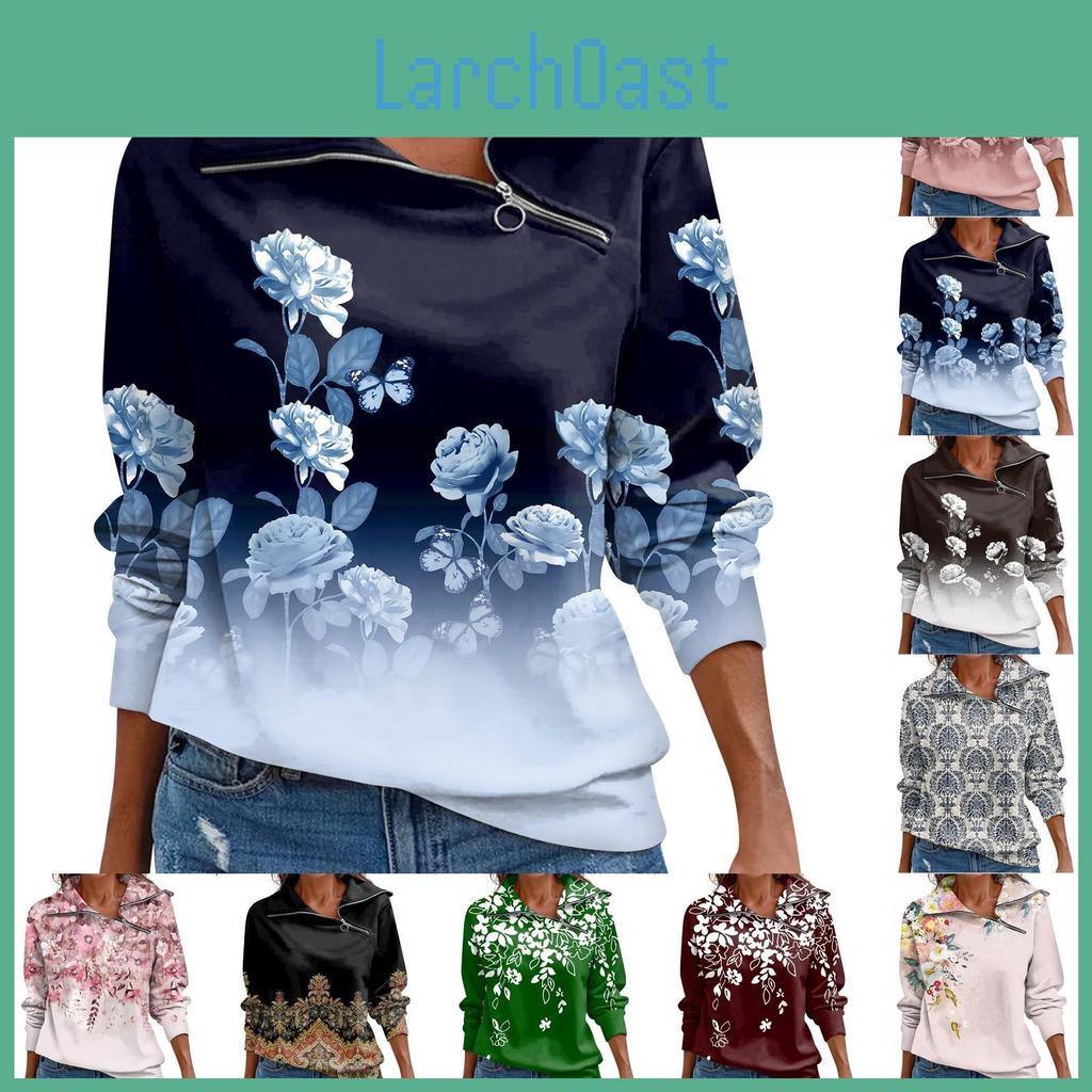 Pullover Loose Autumn Women Tshirt Sports Tops Zip Casual V Neck Long Sleeve Printed Top