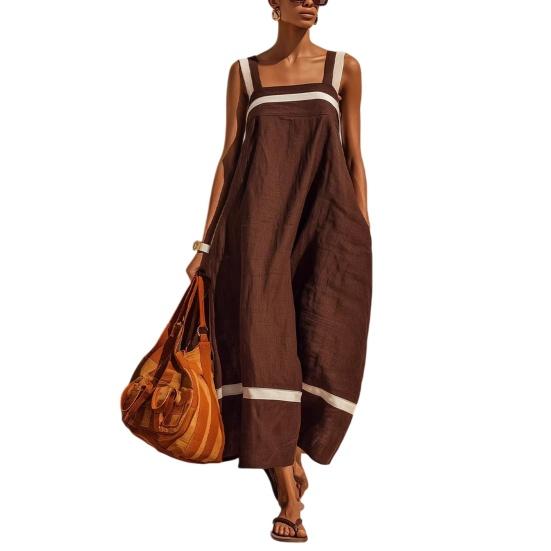 Summer Dress for Women, Color Block Sleeveless Cotton Linen Dress, Loose Vacation Long Dress with Pockets