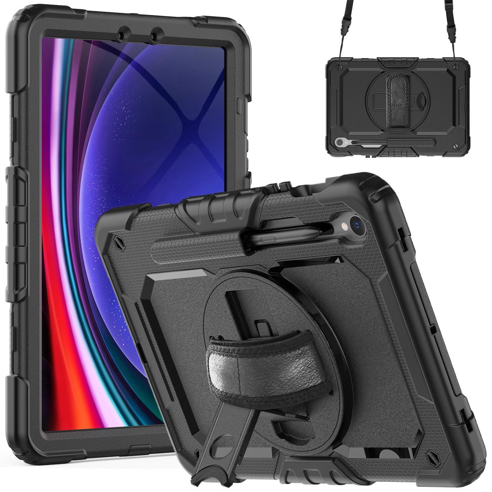 

For Samsung Galaxy Tab S10 FE/S9 FE SM-X510 SM-X516B PC+Silicone Kickstand Tablet Cover with Hand Strap Black+Black