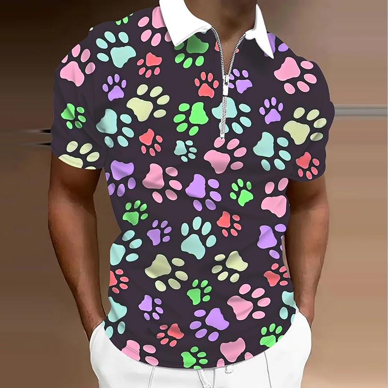 Erkek Gömlek Polo Günlük Fermuarlı Kısa Kollu Moda Günlük Fermuarlı Yaz İlkbahar Normal Kesim 3D Köpek Pençesi Baskılı Gömlek