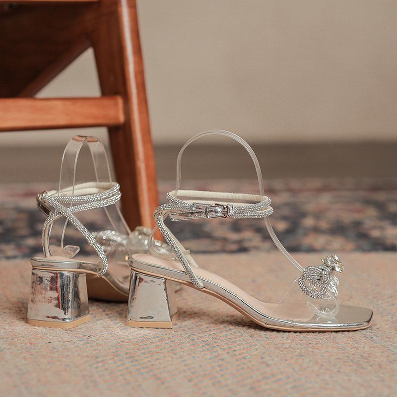 Rhinestone thick heel sandals women's new shoes fashion middle heel design high heels fairy jc