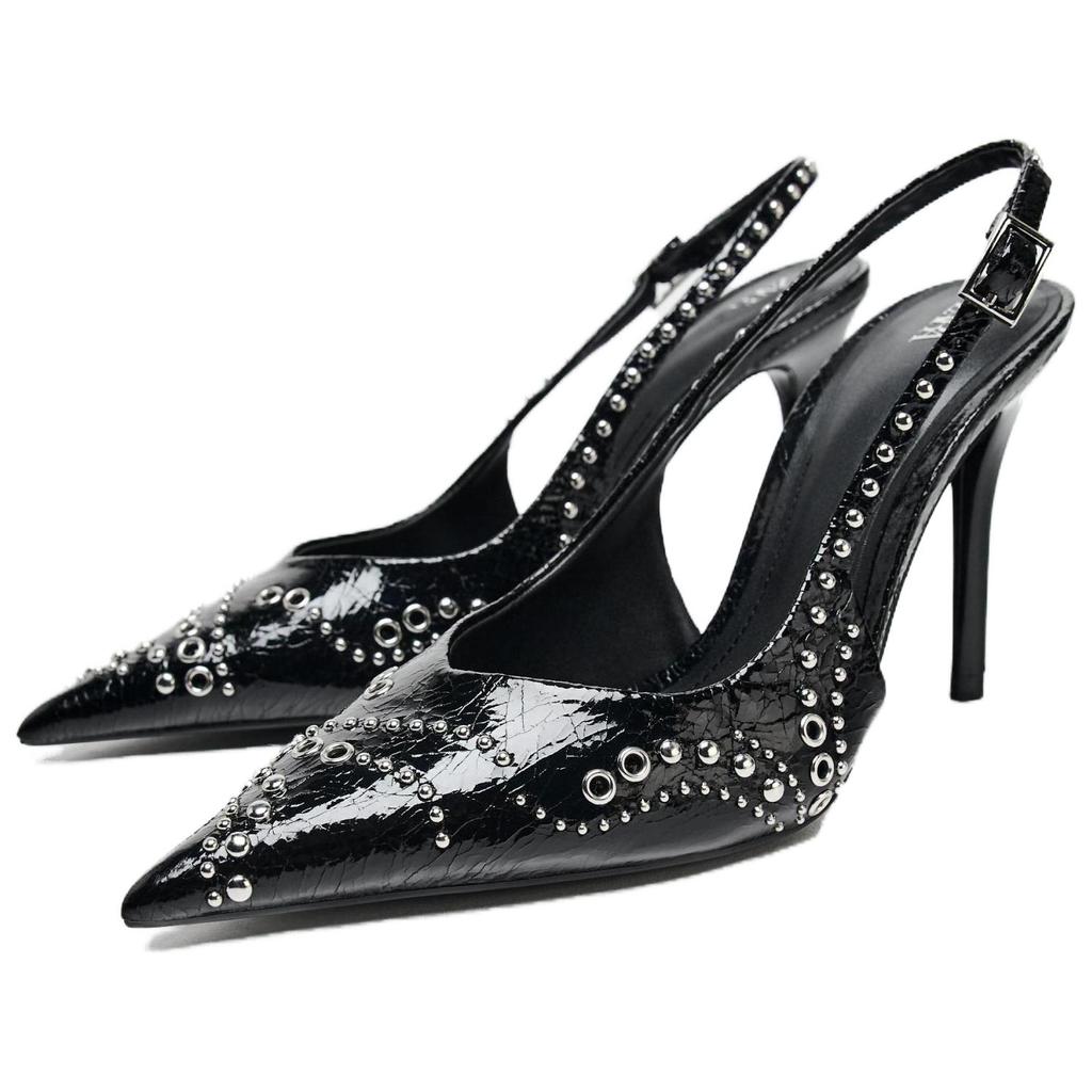 Zara Pu Studded Comfortable Versatile Pointed Toe Open Back Stiletto High Heels 10Cm Women High Heels Black 13205510-38
