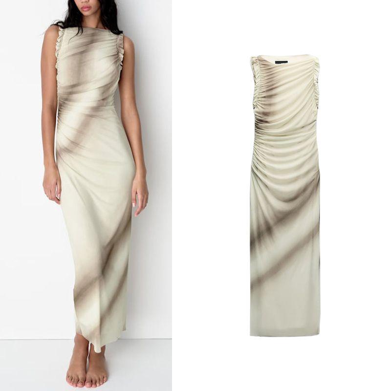 Spring NEW round Neck Sleeveless Pleat Vest Skirt Laminated Decorative Silk Net Print Dress 2321174