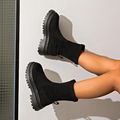 Moda 2024 Buty dla Kobiet Botki do Kostki Damskie Botki Zwięzłe Nowoczesne Botki Kobiety Szycie Okrągły Nosek Średni Obcas Platforma Wsuwane Buty Damskie