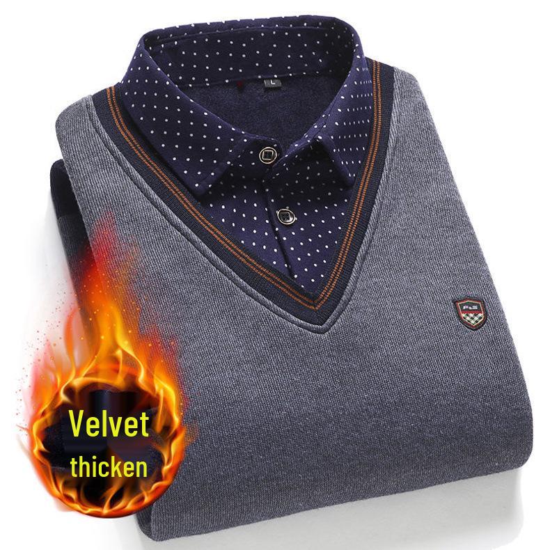 Men's Knitted Faux Two-Piece Winter Sweater, Plus Velvet, Warm, Middle-Aged & Elderly