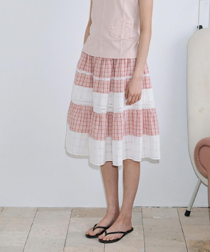 Sinun Smocking Color Block Flare Skirt (Red)