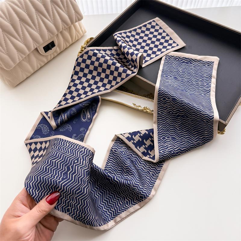 Geometry Plaid Small Silk Scarf Women Tie Bag Headband Double-Layer Printing Hairband Neckerchief Ribbon Luxury Decorate