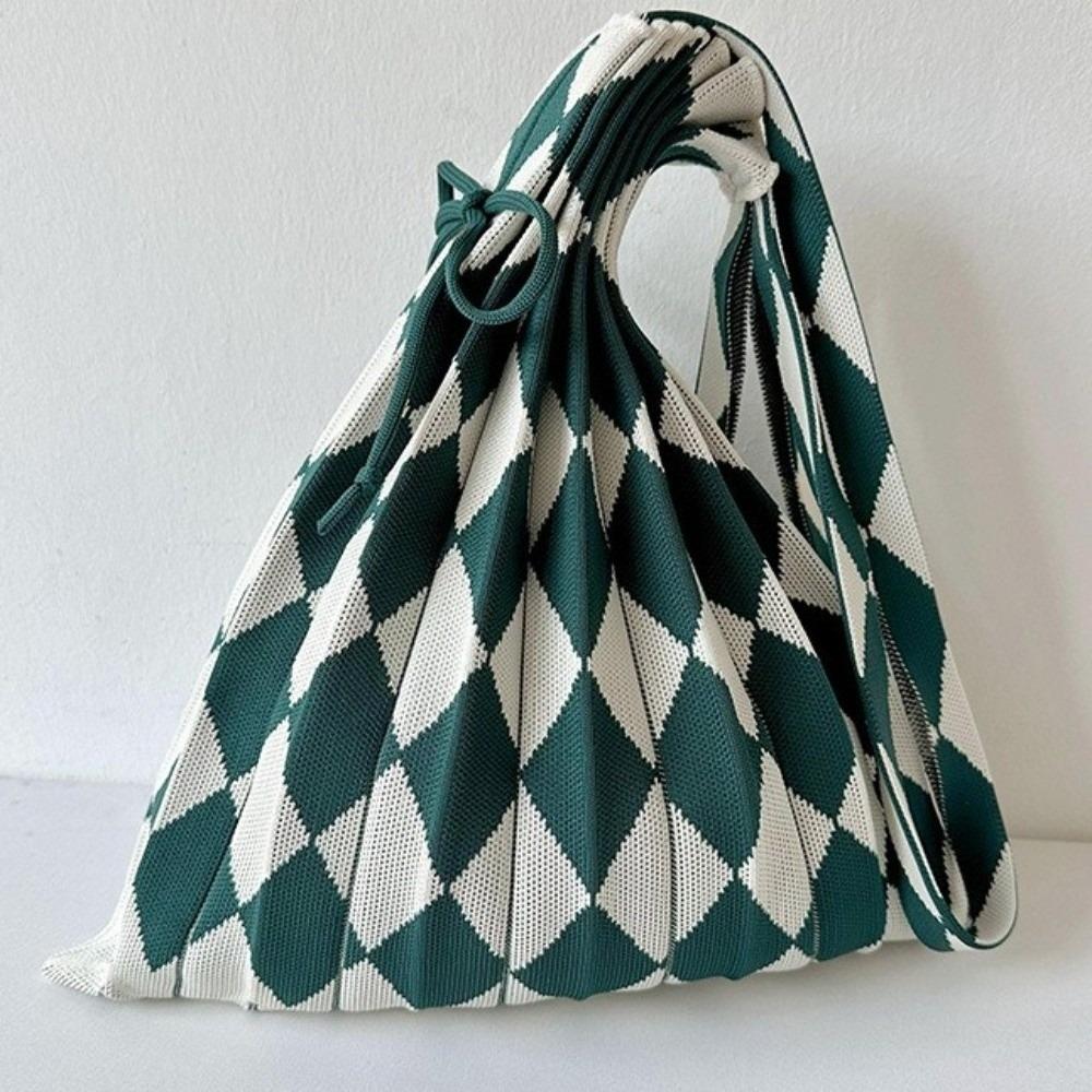 Accordion Style Knitted Shoulder Bag Rope Drawstring Diamond Grid Foldable Handbag Heart Lantern Weave Reusable Eco
