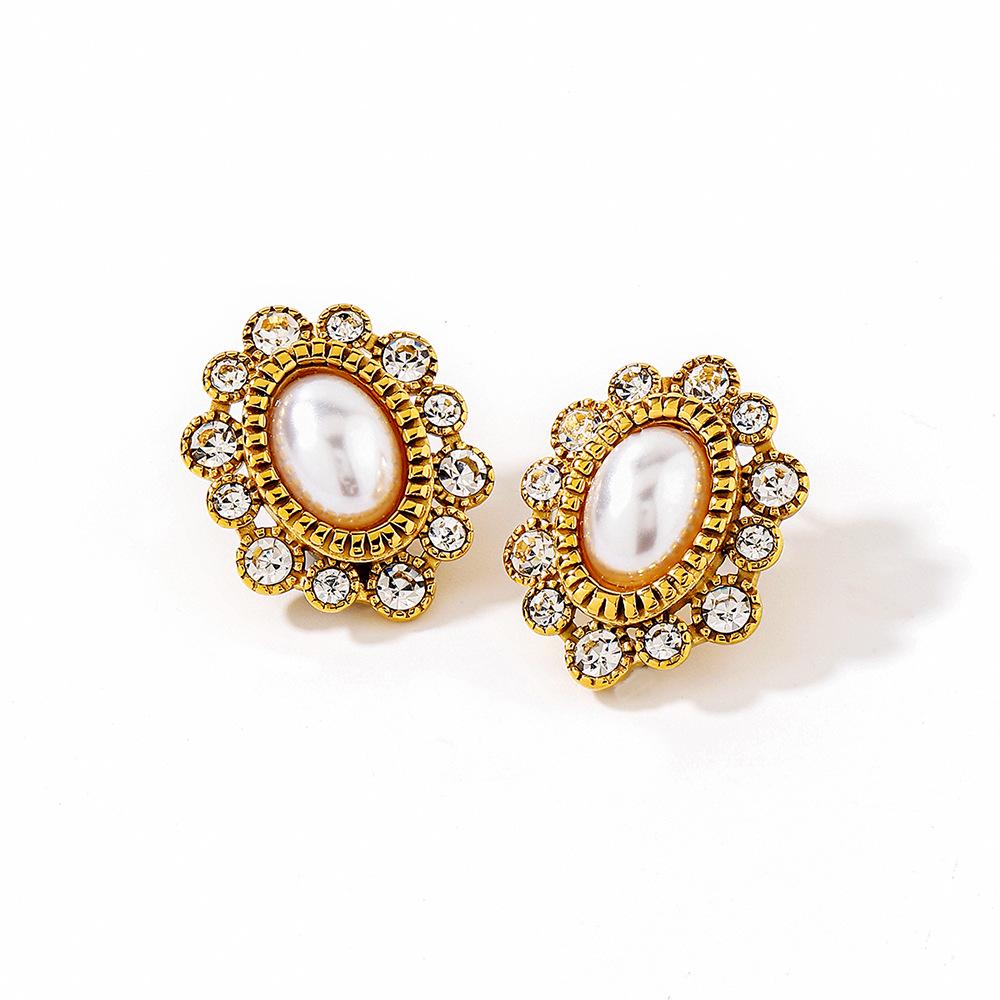 Ying Tai High Polish 18K Gold Stainless Steel Earrings with Faux Pearl and Zircon Studs