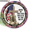 2D Flat 1pc Home of The Free Because of The Brave Wooden Hanging Sign - Patriotic Military Cross & Combat Boots Themed Rustic Door Plaque for Home