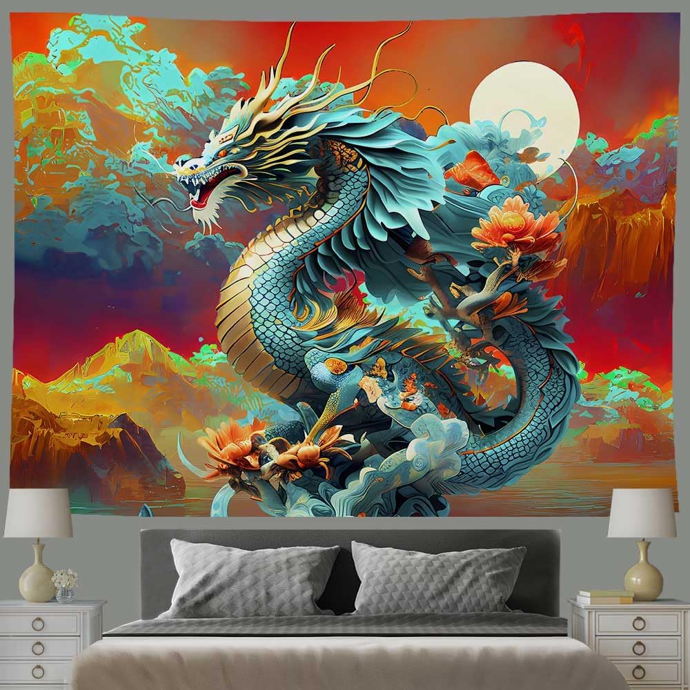 Fantasy Dragon Tapestry, Traditional Blue Chinese Dragon With Flowers And Scenic View Wall Art For Bohemian Aesthetic Decor