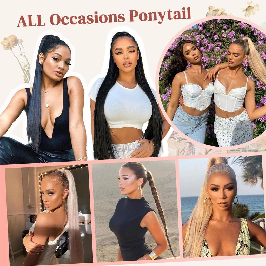 Synthetic Ponytail Extensions Elastic Band Wrap Around Straight Ponytail Extension for Women 24" Long Straight Soft Natural Ponytail