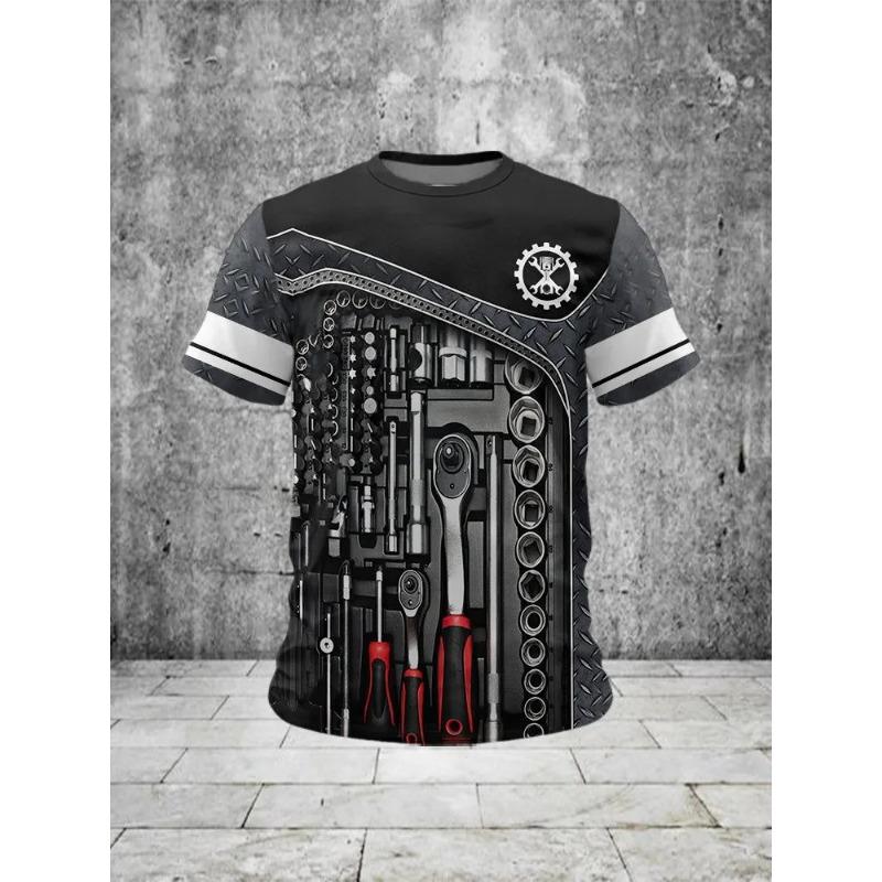 Summer Round Neck 3D Machine Tools Print Top Fashionable Casual Short Sleeved Men's T-shirts
