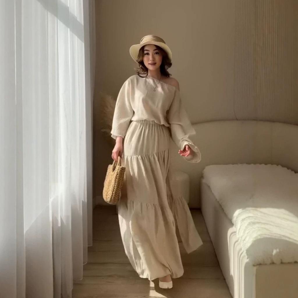  European and  women's clothing new diagonal collar long-sleeved loose top high waist layered split long skirt set