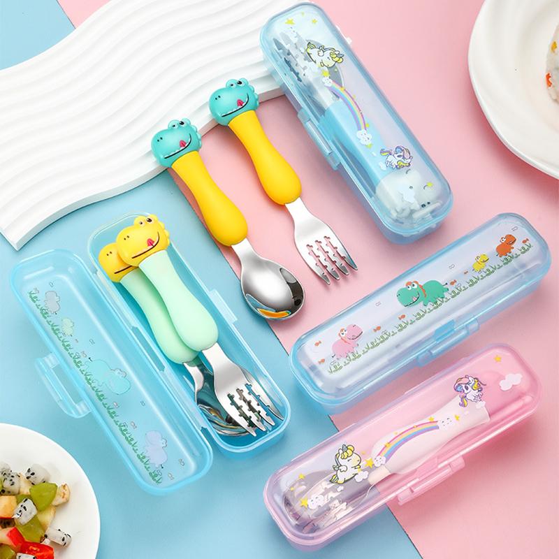 Portable Dinosaur Baby Children's Tableware Cartoon 304 Stainless Steel Spoon Fork Learning Training Chopsticks Fork Spoon Set