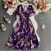 Summer French Platycodon Skirt Temperament V-Neck Waist Skinny Printed Over Knee Flared Sleeve Chiffon Floral Dress