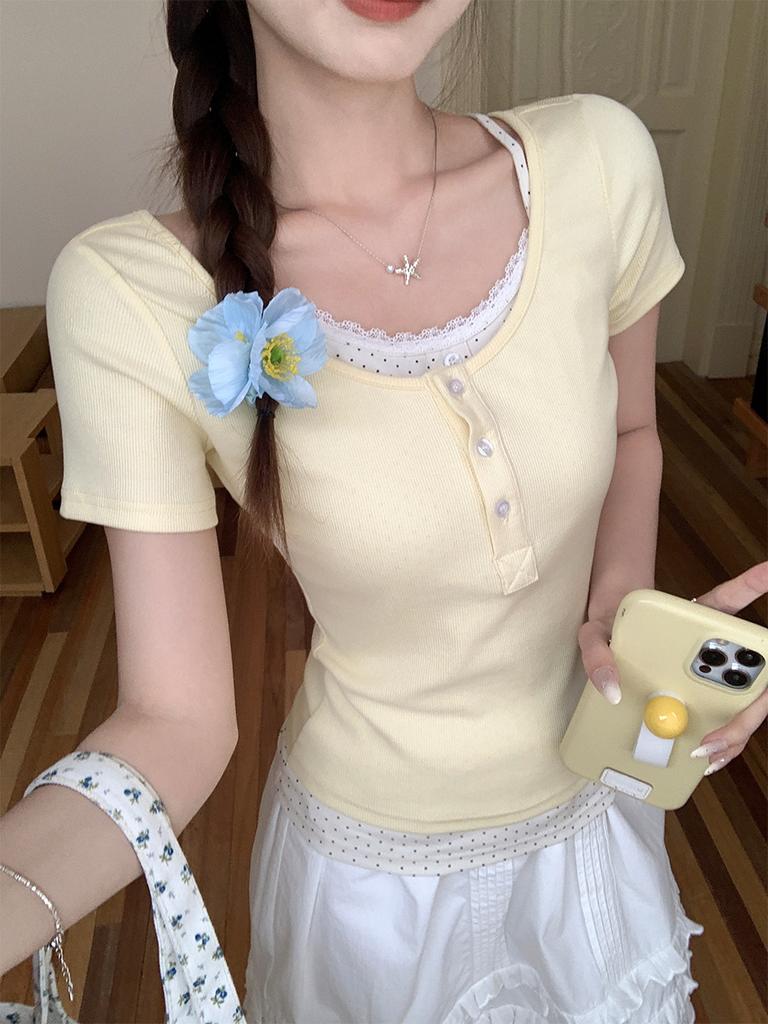 Milk Yellow Fake Two-piece Floral Short-sleeved T-shirt Women's Summer New Sweet Temperament Slim-fitting Top
