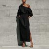 Summer Maxi Dress Women One Shoulder Long Dress, Solid Color Tie Waist Side Split Casual Party Sleeve for Dresses