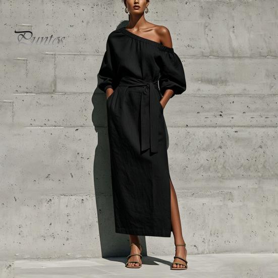 Summer Maxi Dress Women One Shoulder Long Dress, Solid Color Tie Waist Side Split Casual Party Sleeve for Dresses