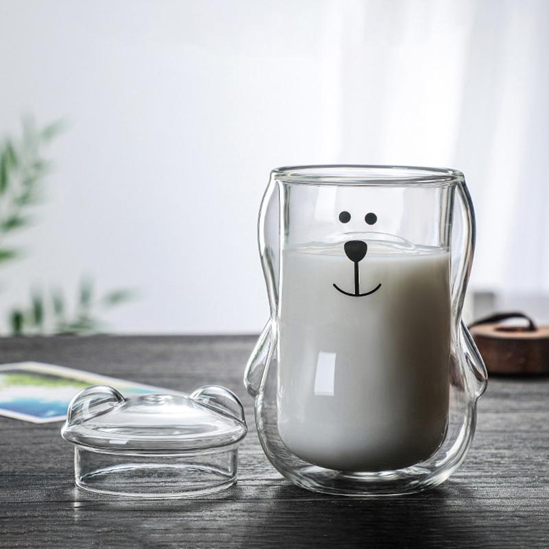 300ml Kreativer Bär Doppelbecher Personalisierte Kaffeetasse mit Deckel Transparente Glas Kaffeetasse Niedliche Cartoon Bernstein Bär Tassen