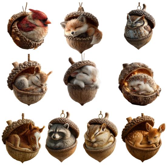 Skovdyr Eikenøttpynt Koselig Furu Kongle Dyr Julepynt 2D Akryl Skogsvesen Hengende Ornament for Naturelskere