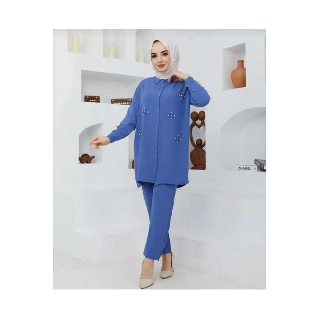 Women's Black Color Linen Shirt Collar Buttoned Bottom Top Set