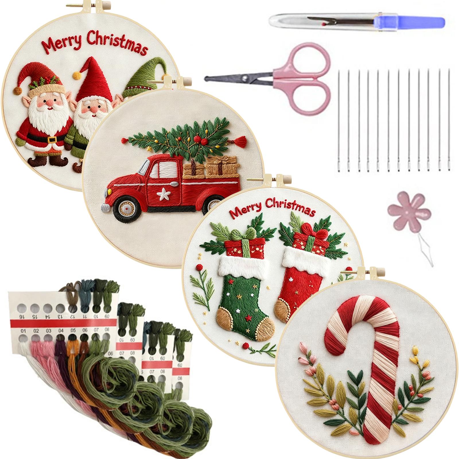 Набор для вышивания из 4 штук с пяльцами, иглами, нитками, инструкцией, набор для вышивания крестом с рождественскими узорами для начинающих