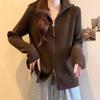 Large size women's clothing autumn and winter solid color double-ended zipper thin pit strip lazy temperament cardigan lapel knitted sweater top