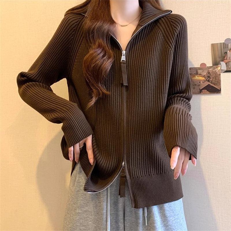 Large size women's clothing autumn and winter solid color double-ended zipper thin pit strip lazy temperament cardigan lapel knitted sweater top