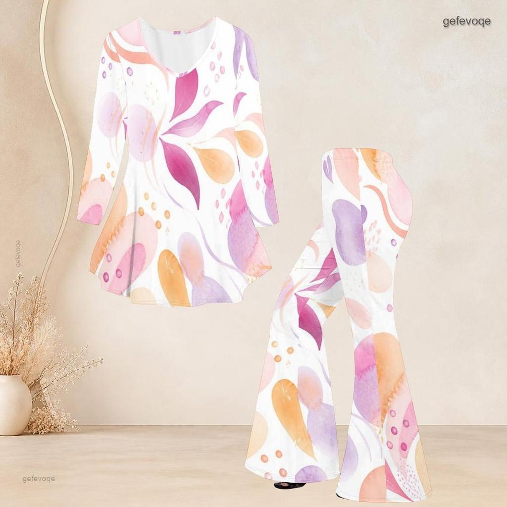 Women Plus Size Round Neck Three Quarter Sleeve Printed Flared Top And Flared Pants Two Piece Set
