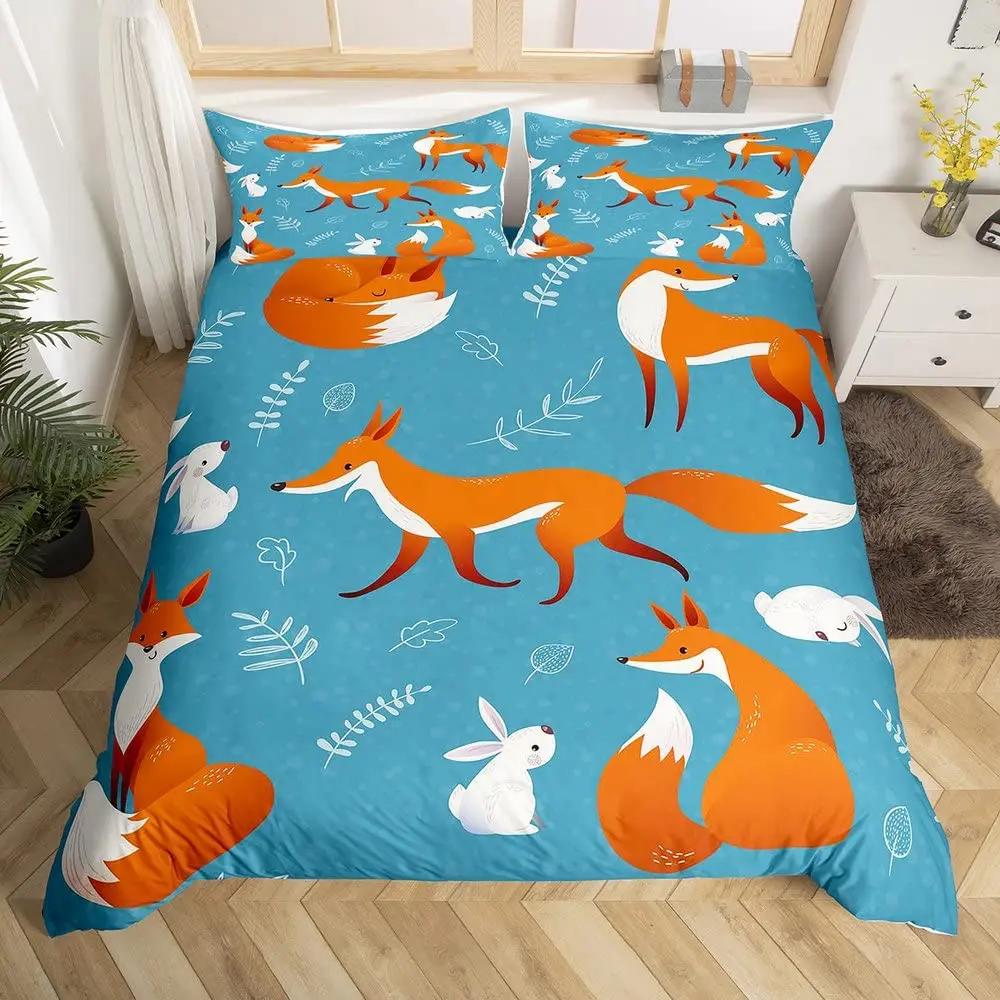 Comforter Cute Forest Animals Theme S King Size Fox Deer Rabbit Owl Hedgehog Flowers Comforter Set 2/3Pcs Bedding Set