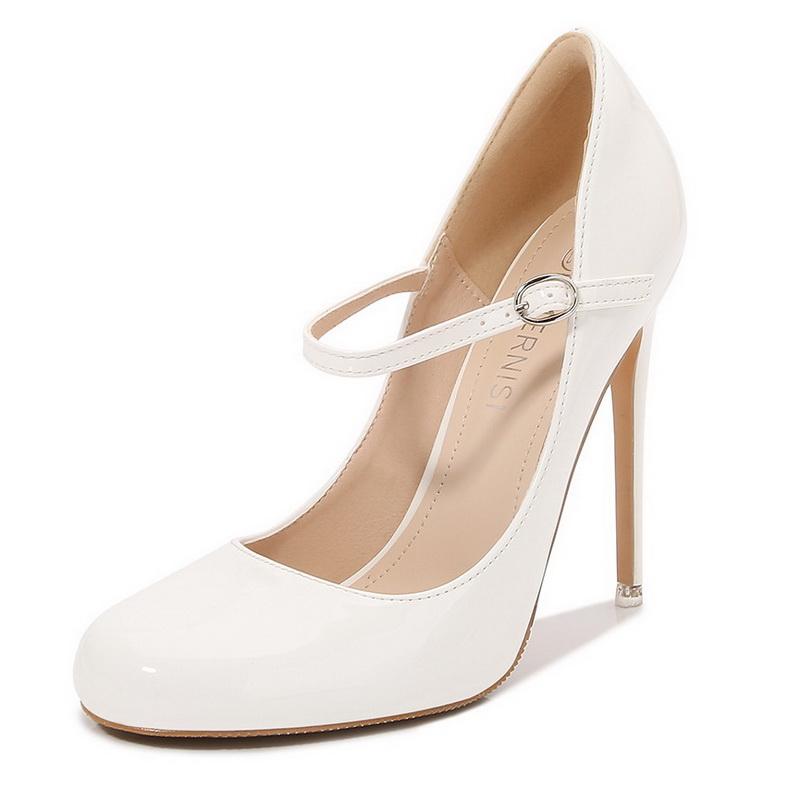 

Women Patent Leather High Thin Heel Shoes Ankle Strap Women Pumps for Office Nightclub Party Wedding Cross Dressing Wide Shoes 35 белый