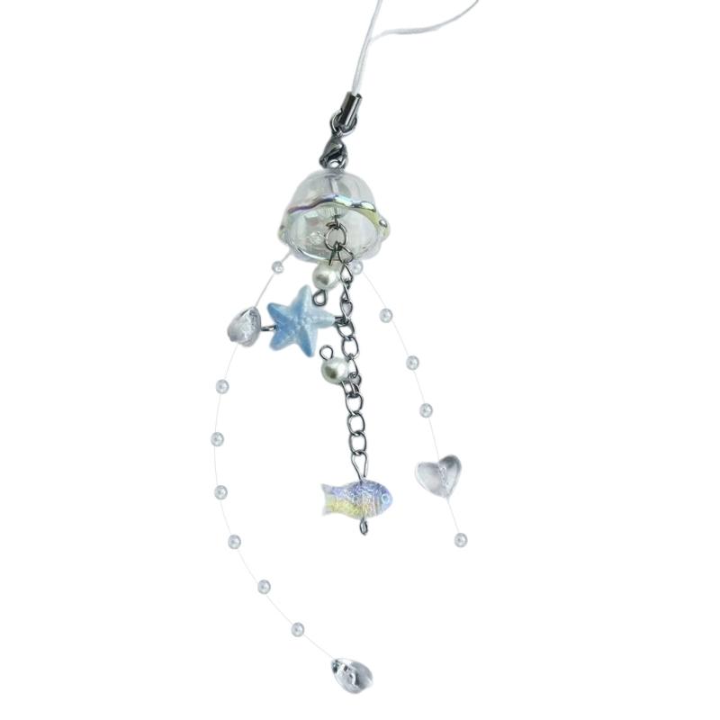 Elegant Jellyfish Inspired Phone Charm Portable Keychain with Crystal Star and Pearls Accents for Phone Accessorizing